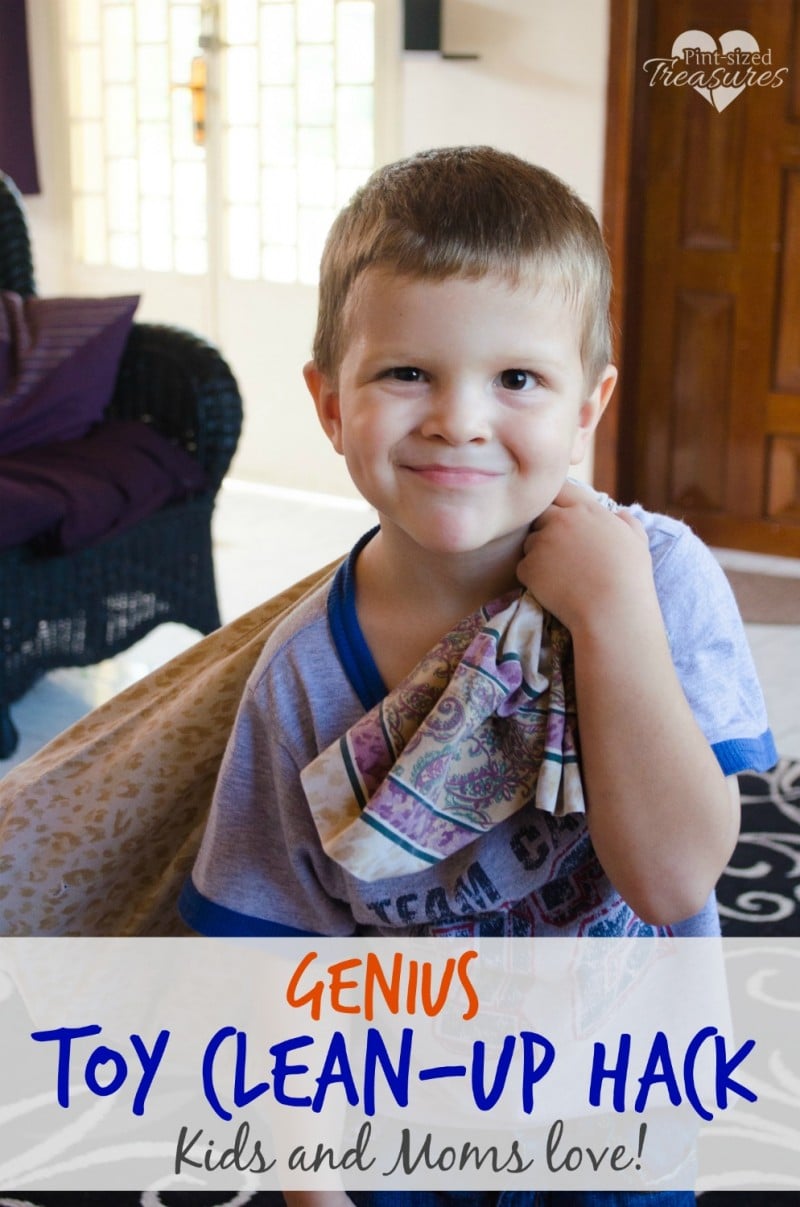 boy holding bag for toy clean up hack