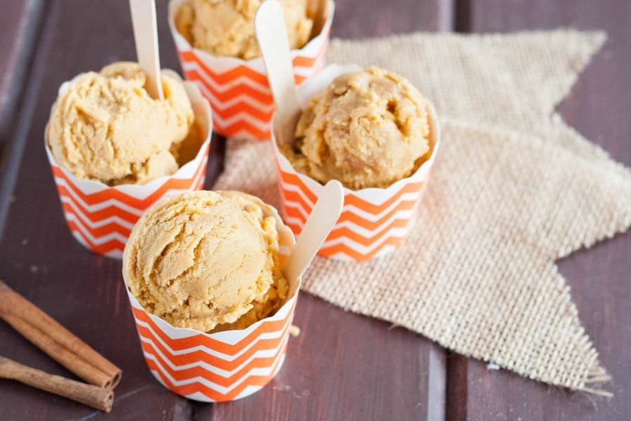 homemade pumpkin caramel ice cream in chevron paper cups