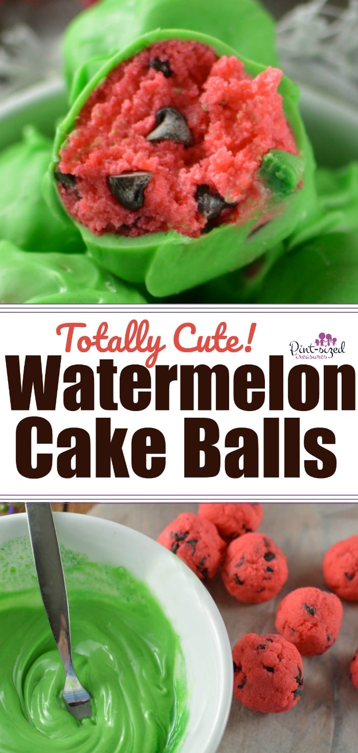 These totally cute, watermelon cake balls are made from a strawberry cake mixed have tiny chocolate chips all tucked inside. Lastly, the cake balls are dipped in gorgeous, green chocolate to create the yummiest, and prettiest cake pops! #watermeloncakeballs #watermeloncakepops #watermelontreats #cakepops #cakeballs #cakemix #easydessert
