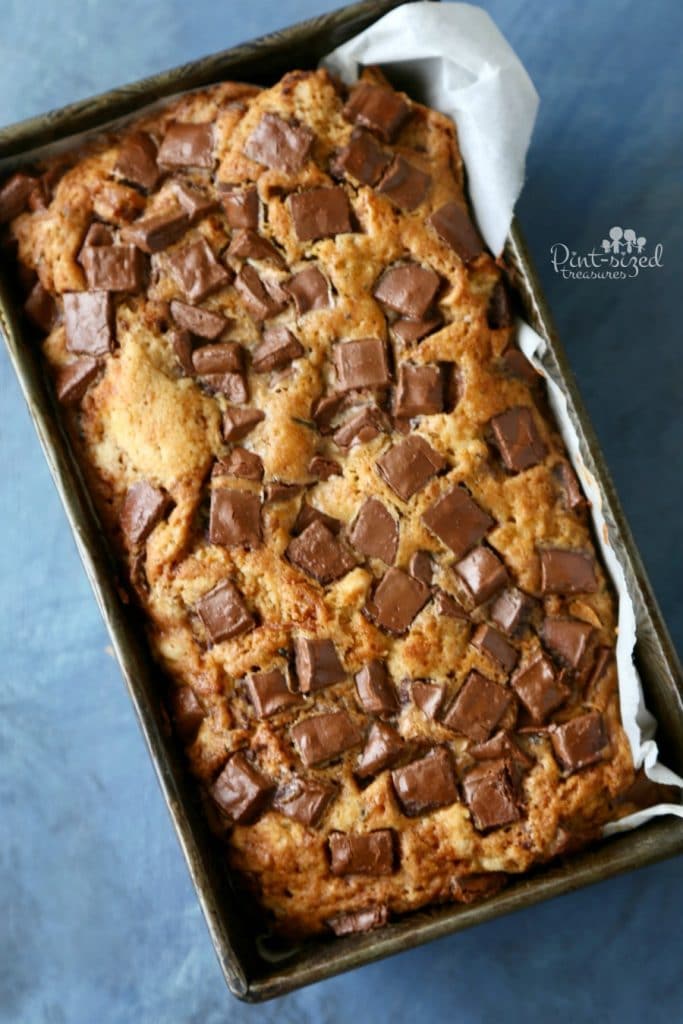 zucchini chocolate chunk bread in loaf pan