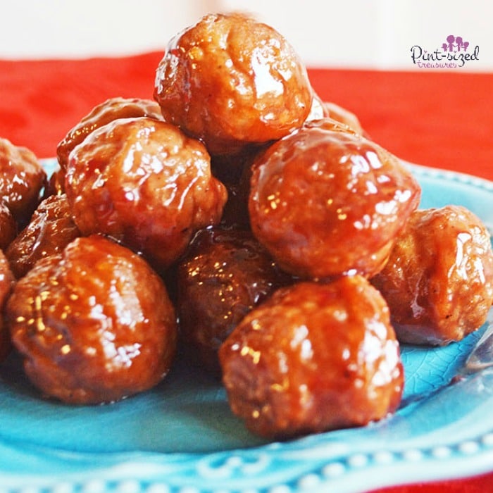 slow cooker meatballs on blue plate
