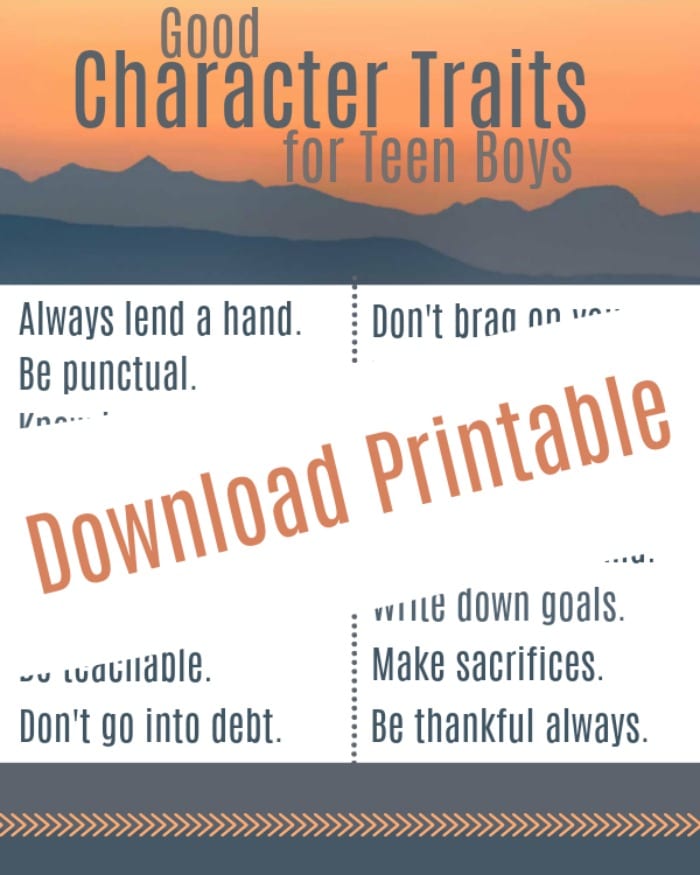 printable for good character traits for teen boys