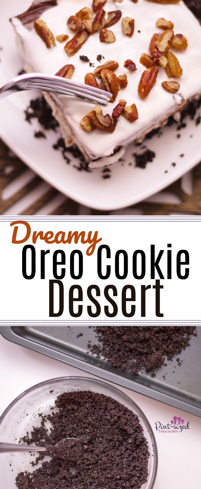 This dreamy, Oreo Cookie dessert is one of our family's absolutely favorites! There is no whipped topping in this recipe --- only homemade whipped cream will do! Crumbled, buttery Oreo cookies and layers of pudding and cream cheese, create a gorgeous, easy dessert that's topped with crunchy, toasted walnuts! Enjoy! #easyrecipes #Oreodesserts #oreodessert #Chocolatedessert #easychocolatedessert #nobakedessert #nobakeOreodessert #nobakechocolatedessert #quickandeasydessert #Oreodelight #Oreolasagna 