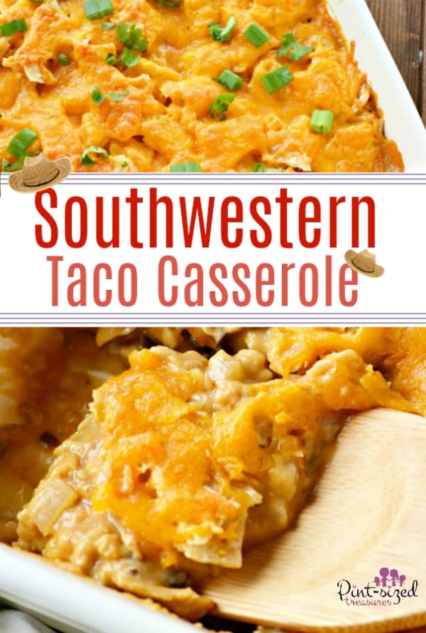 A southwestern taco casserole that's made with fresh spices --- nothing canned! Love how easy this casserole is to toss together for an easy, weeknight dinner! All Southwestern foodie fans will love this recipe! #southwesterncasserole #comfortfood #easycasserole #tacocasserole #easytacocasserole #easymealideas #easydinner #easyweeknightdinner #easytacorecipe