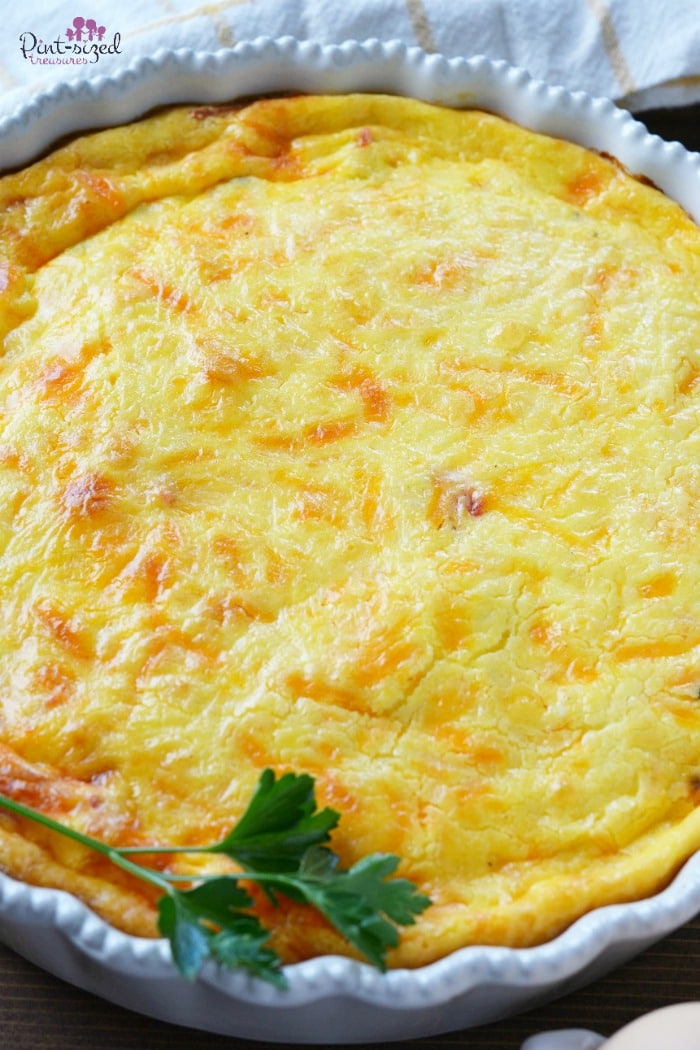 crustless quiche in white baking pan