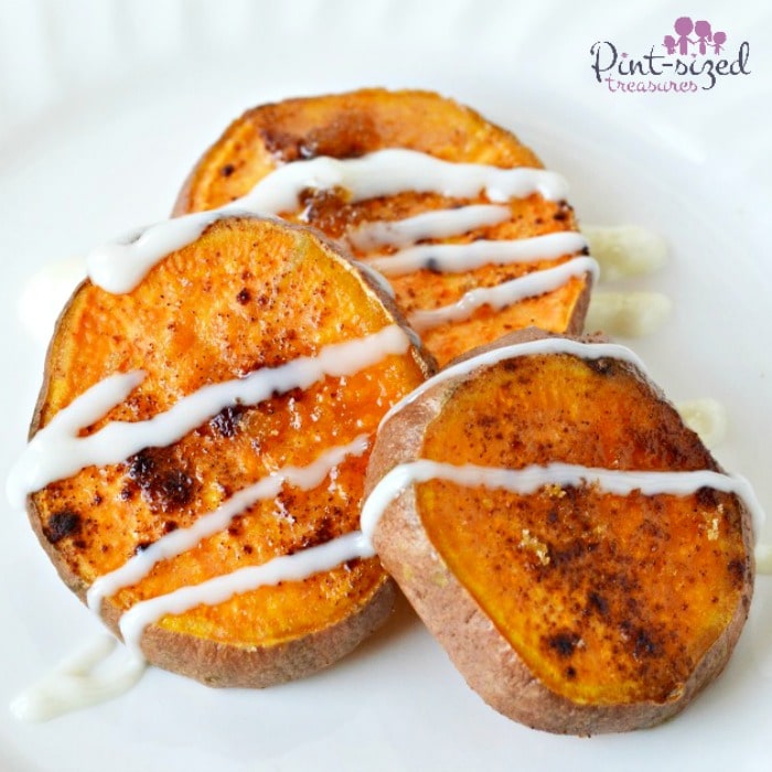 Baked sweet potato bites with drizzles of buttery spread, sugar and cinnamon #sweetpotatoes #easyrecipe #easyappetiizers #EasySqueezy #ad #bakedpotatoes