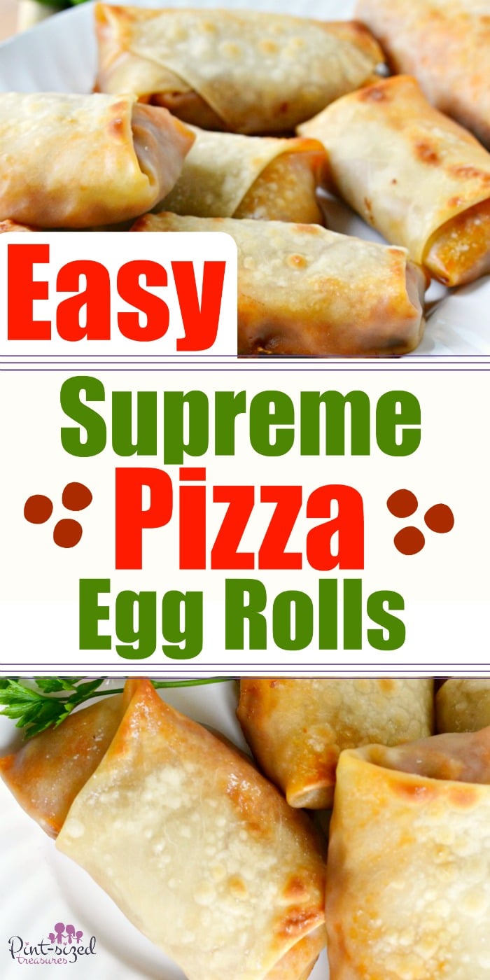 Easy supreme pizza egg rolls are perfect for tailgating during college football season! These egg rolls are packed with your favorite pizza flavors, bacon, hamburger, and loads of cheese! Dig into this pizza favorite today! #ad #pizza #easypizza #eggrolls #pizzaaeggrolls #tailgating #partyfood #appetizers #easyappetizers #pizzarolls