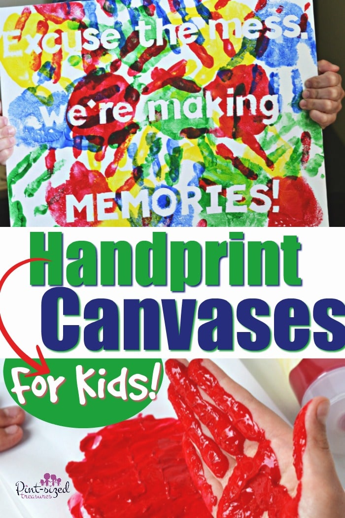Easy colorful, handprint canvases are perfect for saving those little fingerprints! A perfect craft for preschoolers who love to make handprints! #ad #handprintart #Handprintcanvas #easycraftsforkids #activitiesforkids #handprintcraftsforkids #colorfulcraftsforkids 