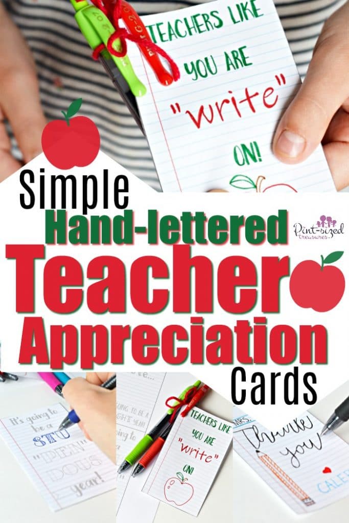 Simple hand-lettered teacher appreciation cards that give kids and parents the opportunity to give a well-deserved THANK YOU to teachers! #teacherappreciation #handmadecards #cardsforteachers #teachershelpteachers #parentingtips #raisingkids #himemadecards #handletteredcards #diycards #kids