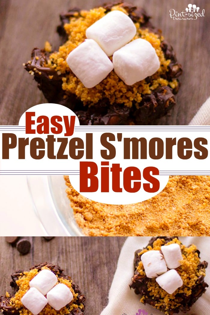 Chopped pretzels are coated with chocolate, placed in tins and topped with additional chocolate, graham cracker crumbs and mini marshmallow to create a crazy yummy, sweet and salty pretzel s'mores bites recipes! Perfect for s'mores fans! #easysmores #pretzelsmores #Sweetadnsaltysmores #smoresrecipe #creativesmores #pretzeltreat
