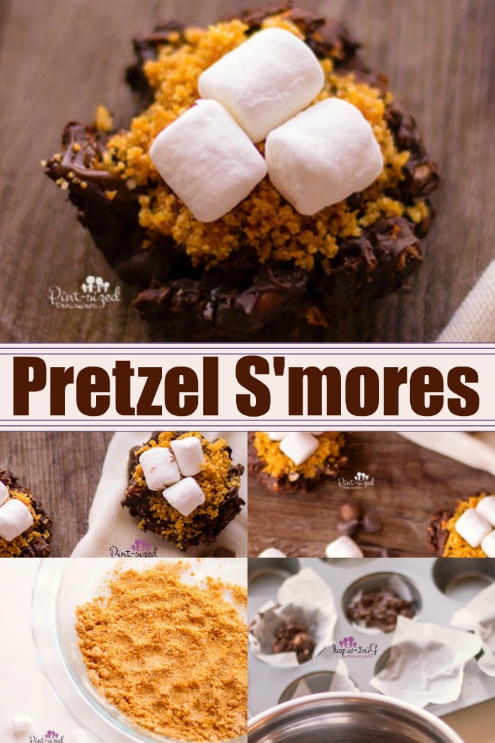 Chopped pretzels are coated with chocolate, placed in tins and topped with additional chocolate, graham cracker crumbs and mini marshmallow to create a crazy yummy, sweet and salty pretzel s'mores bites recipes! Perfect for s'mores fans! #easyrecipes #easytreats #easydesserts #smores #smoresbites #sweetandsaltysmores #chocolatesmores #pretzelsmores #Pretzelrecipe #pretzelsnack