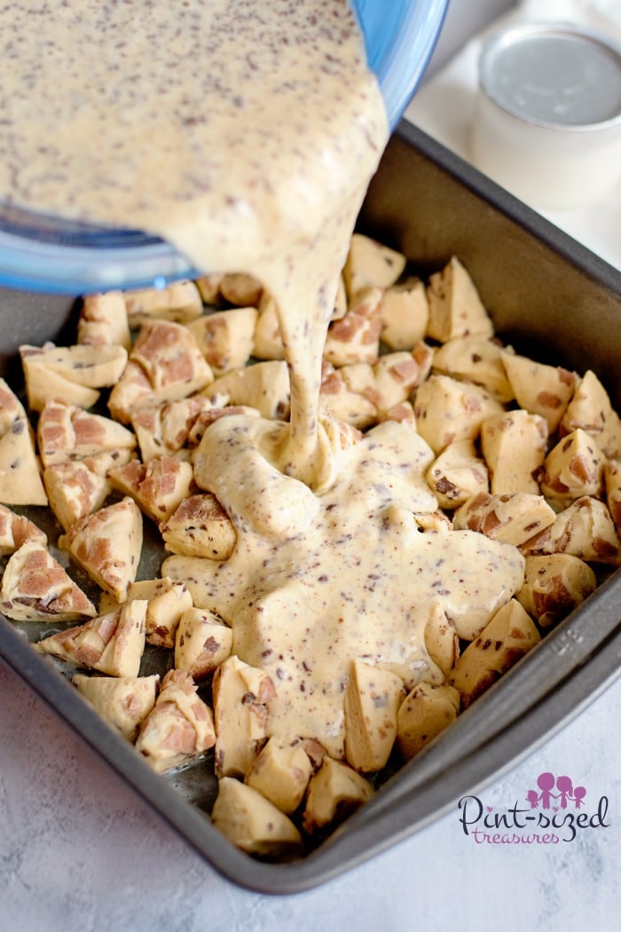 Prepping the easy baked cinnamon maple french toast recipe.