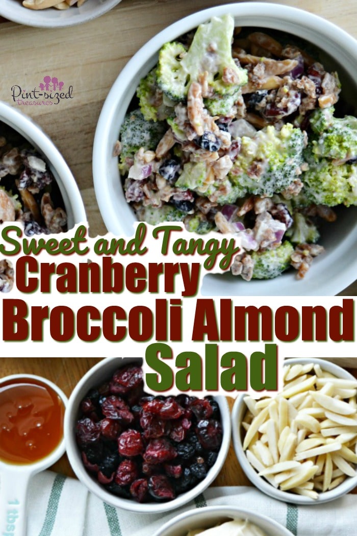 Cranberry broccoli almond salad pairs perfectly with a hearty meal! It's sweet, tangy, crispy and has real bacon bits and crunchy, toasted almonds. Easily made-ahead for weeknight meals! #ad #KitchenCraftedItalian #MichaelAngelosMeals #broccoli #sidedishes #broccolisalad #saladrecipe #cranberry #cranberrybroccolisalad #cranberrysidedish