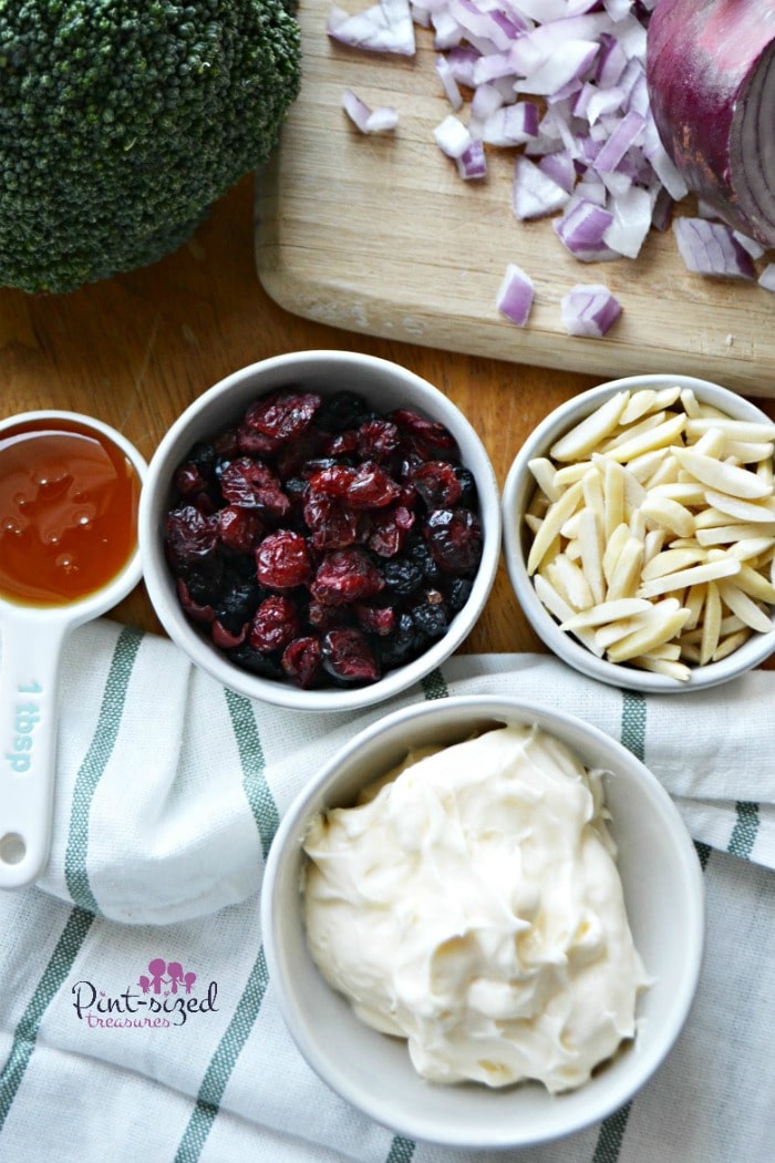 Ingredients for a cranberry broccoli almond salad