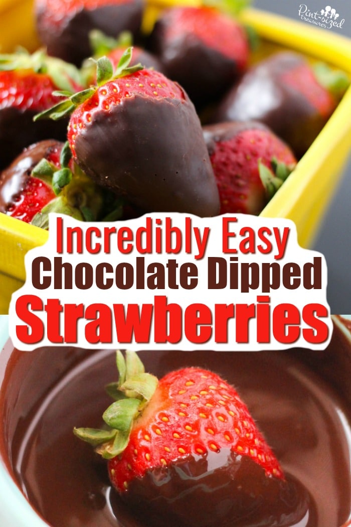 Incredibly easy chocolate strawberries are a decadent dessert that's ready in minutes! Jut three ingredients needed! #pintsizedtreasures #chocolate #strawberries #chocolatecovered #chocolatestrawberries #chocolatedipped #strawberrytreats #easyrecipe #dessert