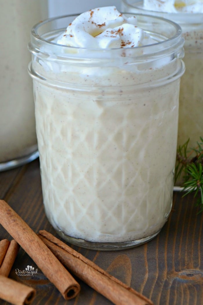 This homemade eggnog is incredibly easy! You'll love the familiar eggnog flavors without needing any egg! This recipe is ready in just a few minutes and so simple! #easyeggnog #holidays #lazyeggnog #eggnogrecipe #homemadeeggnog #pintsizedtreasures