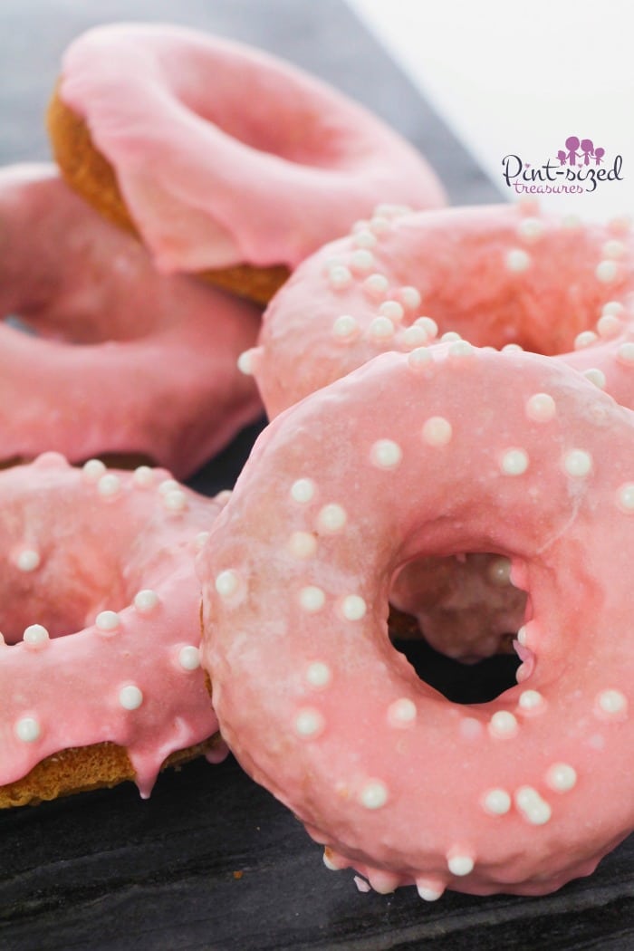 Strawberry donuts with homemade strawberry glaze recipe.