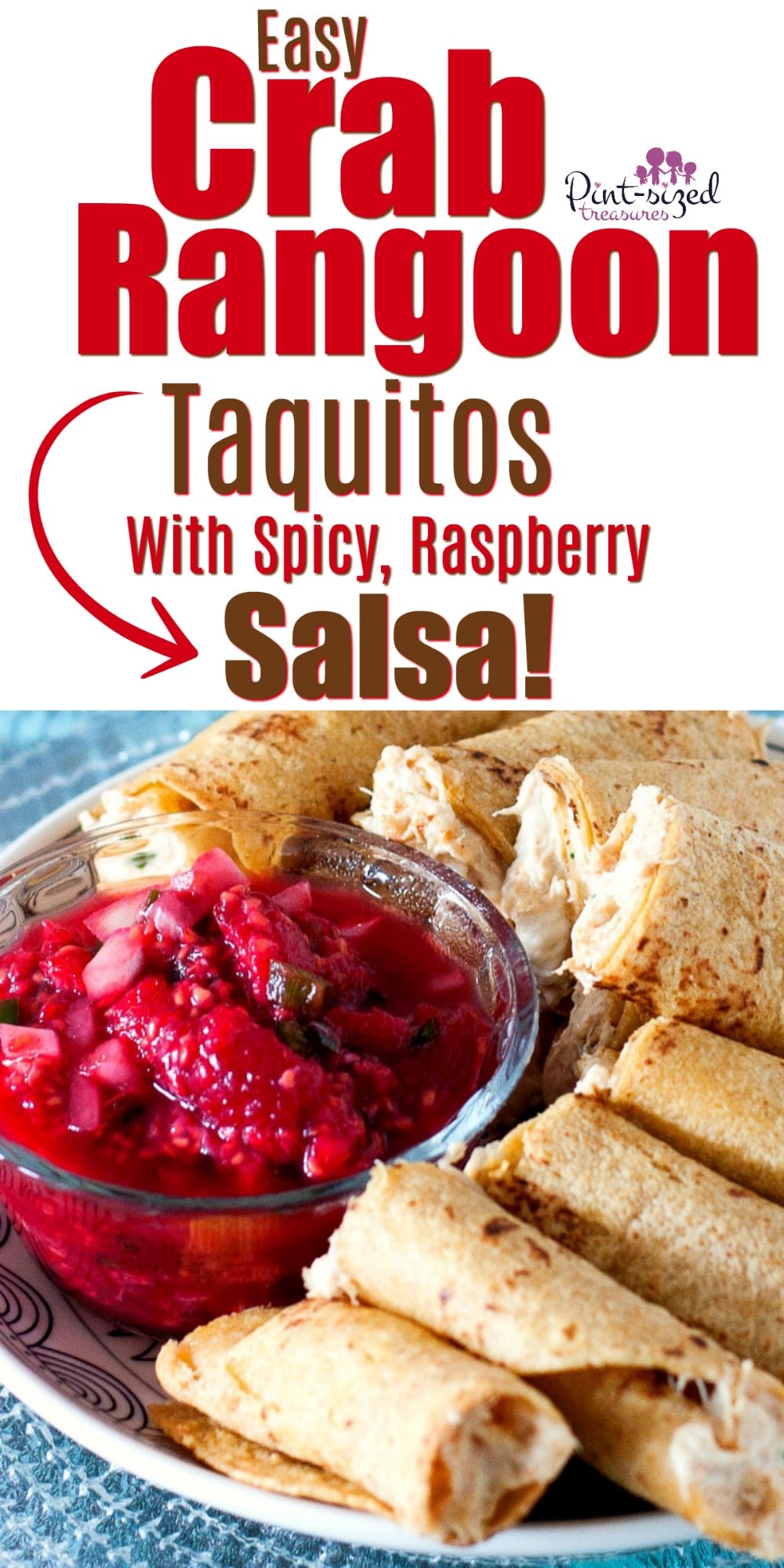 Easy crab rangoon taquitos are incredibly fun and creative! They take your favorite crab rangoon recipe and turn into a perfectly, baked taquito! Then, all those flavors get dipped into our famous, homemade, spicy, raspberry salsa! #crabrangoon #taquitos