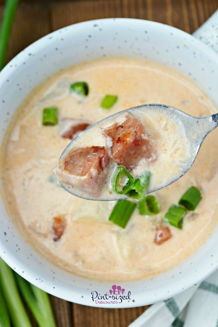 This hearty sausage and potato soup is ready in minutes and uses simple ingredients!