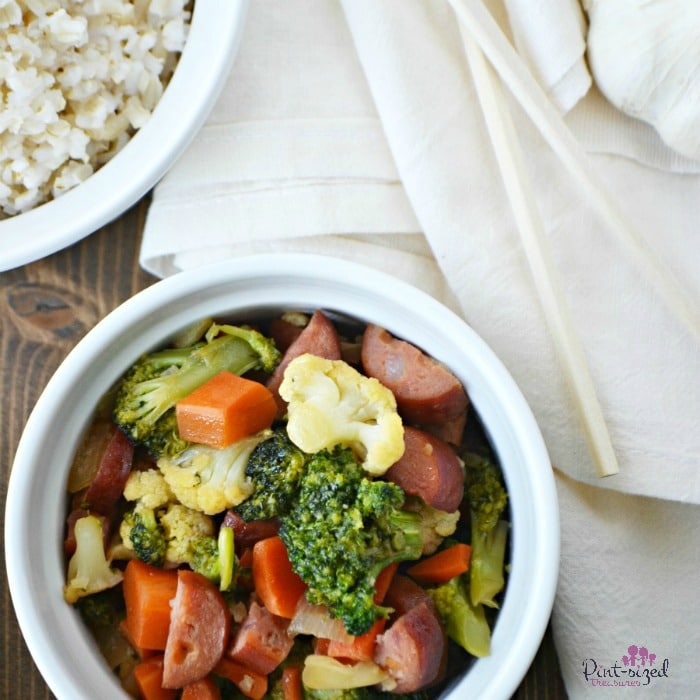 One of our favorite recipes is this Easy, Sausage and veggie stir-fry! It's ready in minutes and uses just a few ingredients to get dinner on the table FAST!