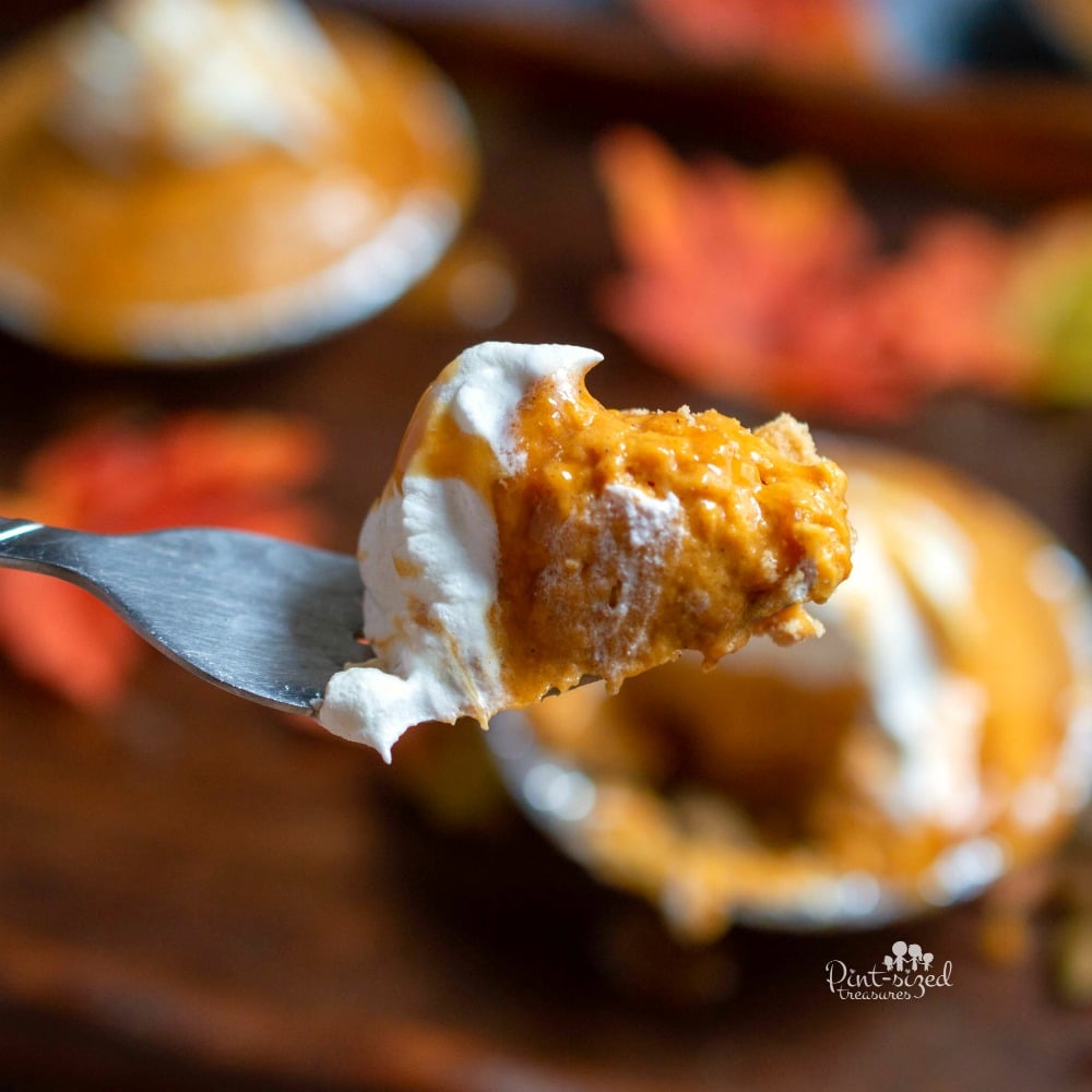 bite of easy salted caramel pumpkin pie on fork