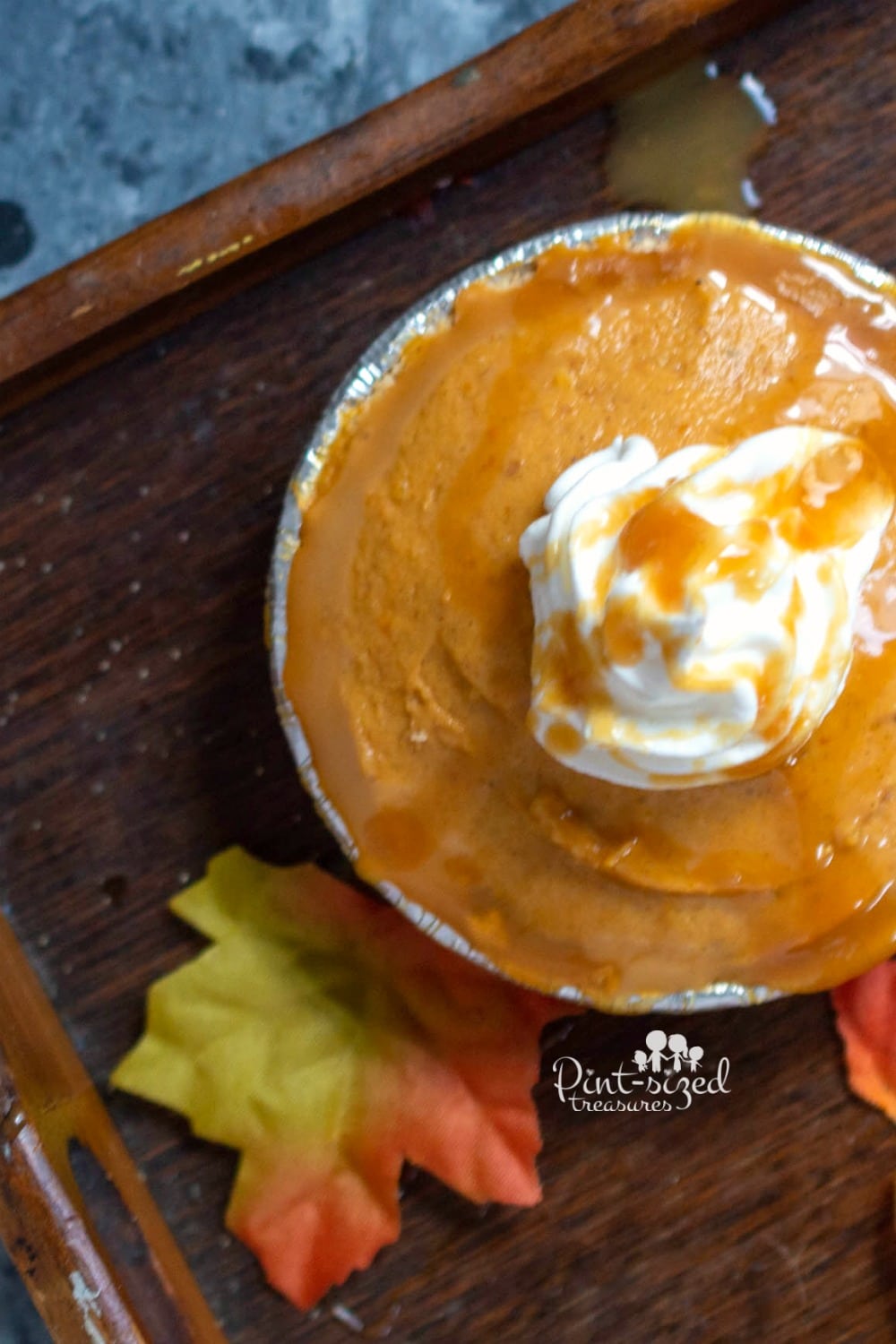salted caramel sauce drizzled over no bake mini pumpkin pie
