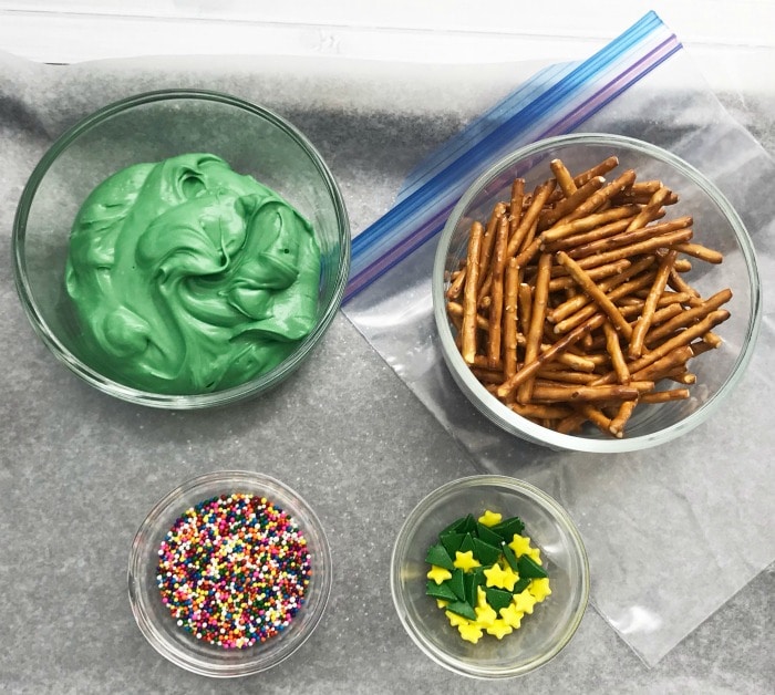 Ingredients for Christmas tree pretzels