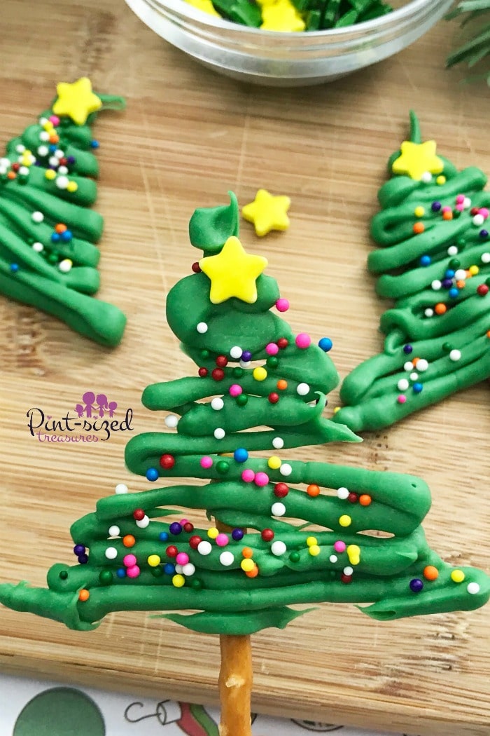 Christmas tree pretzels that are dipped in chocolate