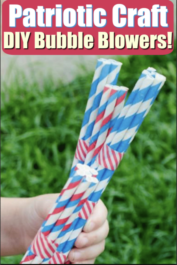 child holding patriotic bubble blower craft
