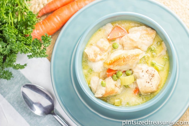 bowl of slow cooker chicken and dumplings