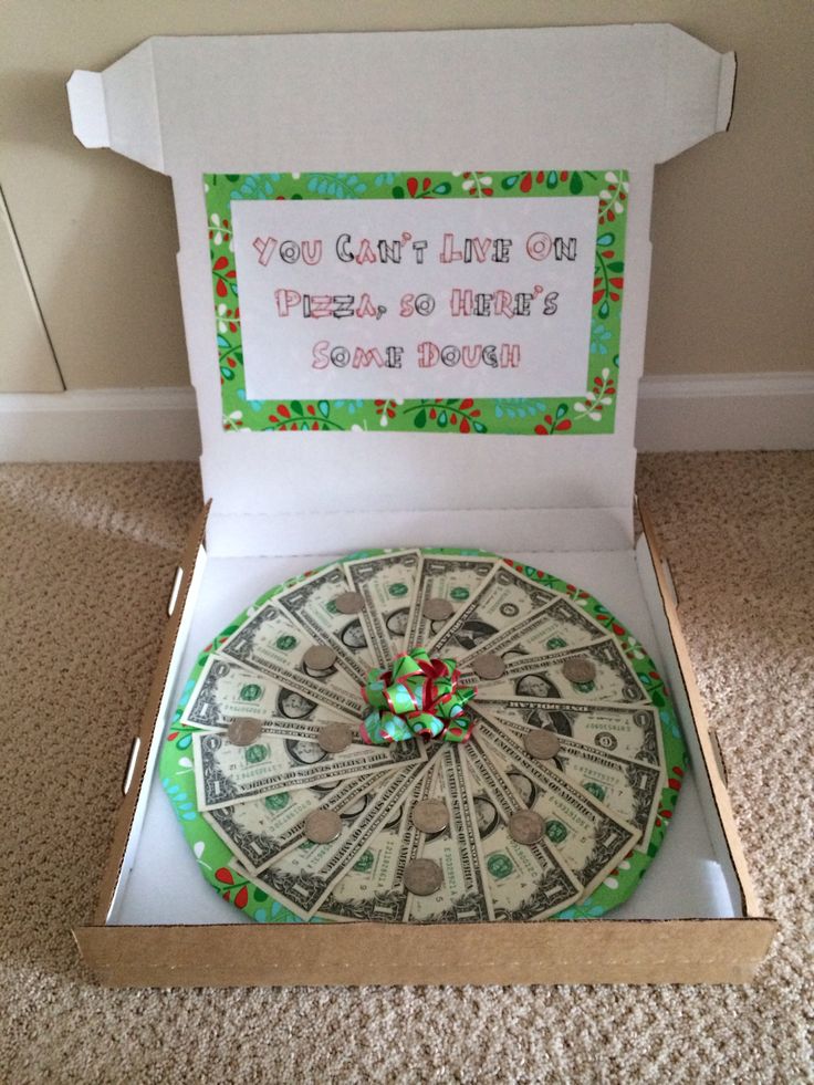 giving money as a gift inside an empty pizza box