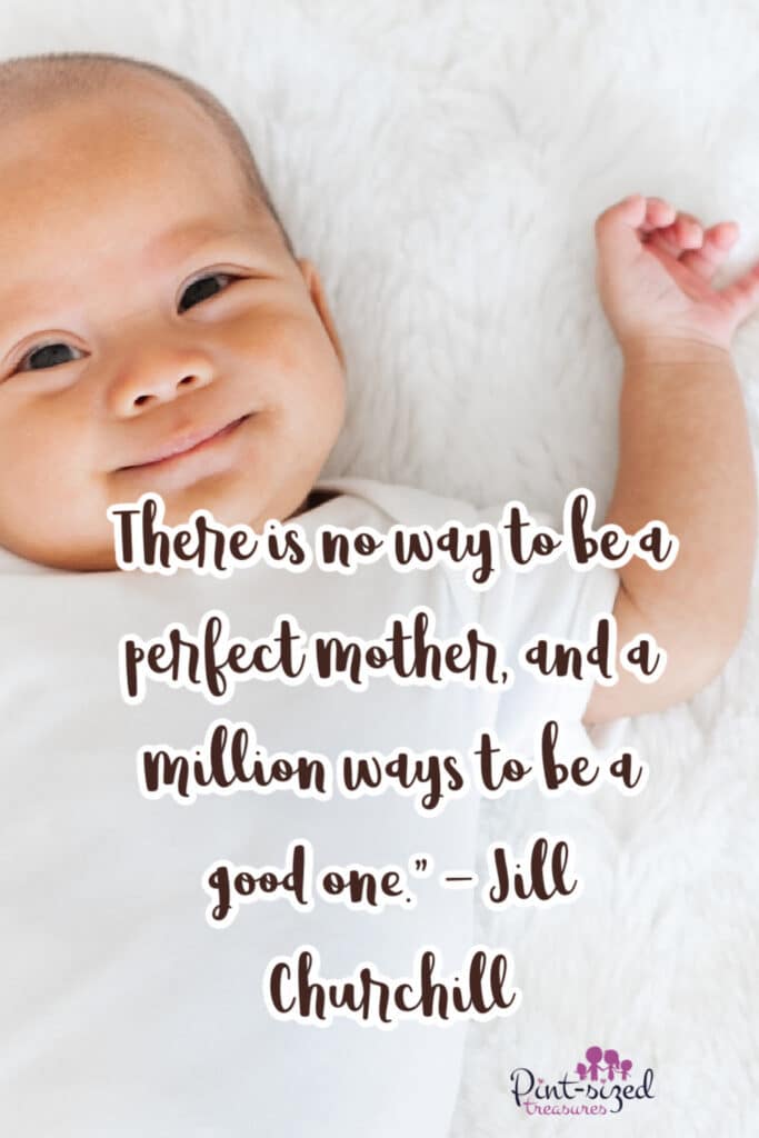 smiling baby on bed with words about mom quotes