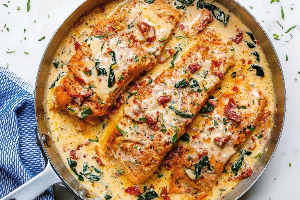 garlic tuscan salmon in skillet
