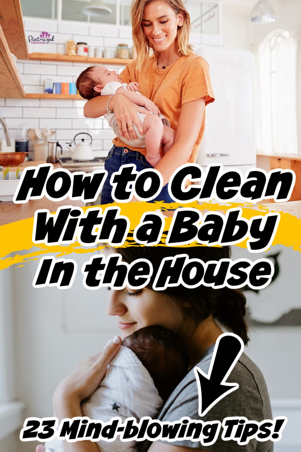 moms holding babies as they clean the house