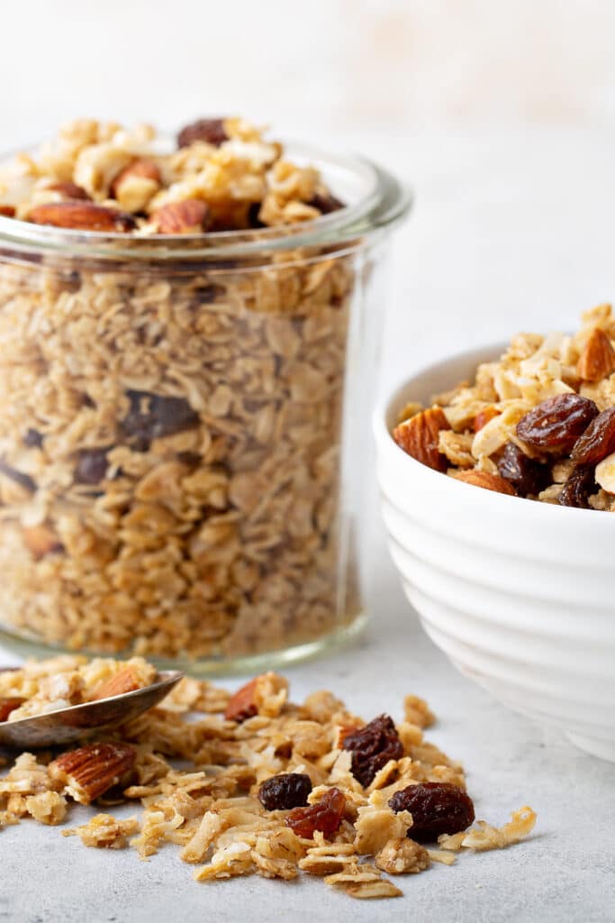 granola spilling out of bowl