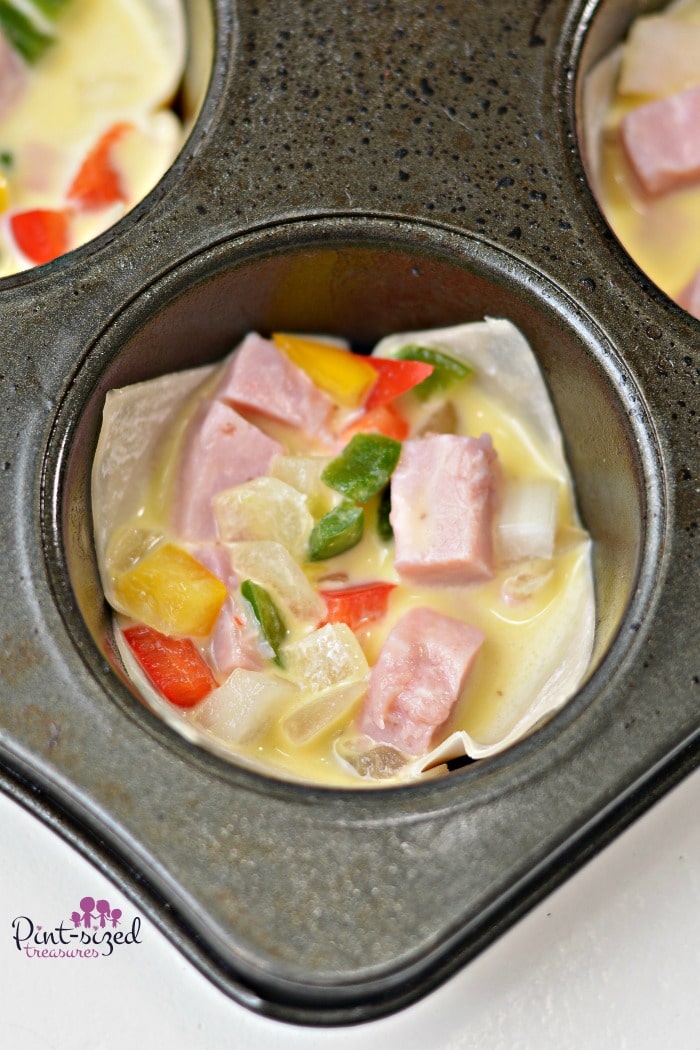 prepping ingredients for egg cups in a muffin tin