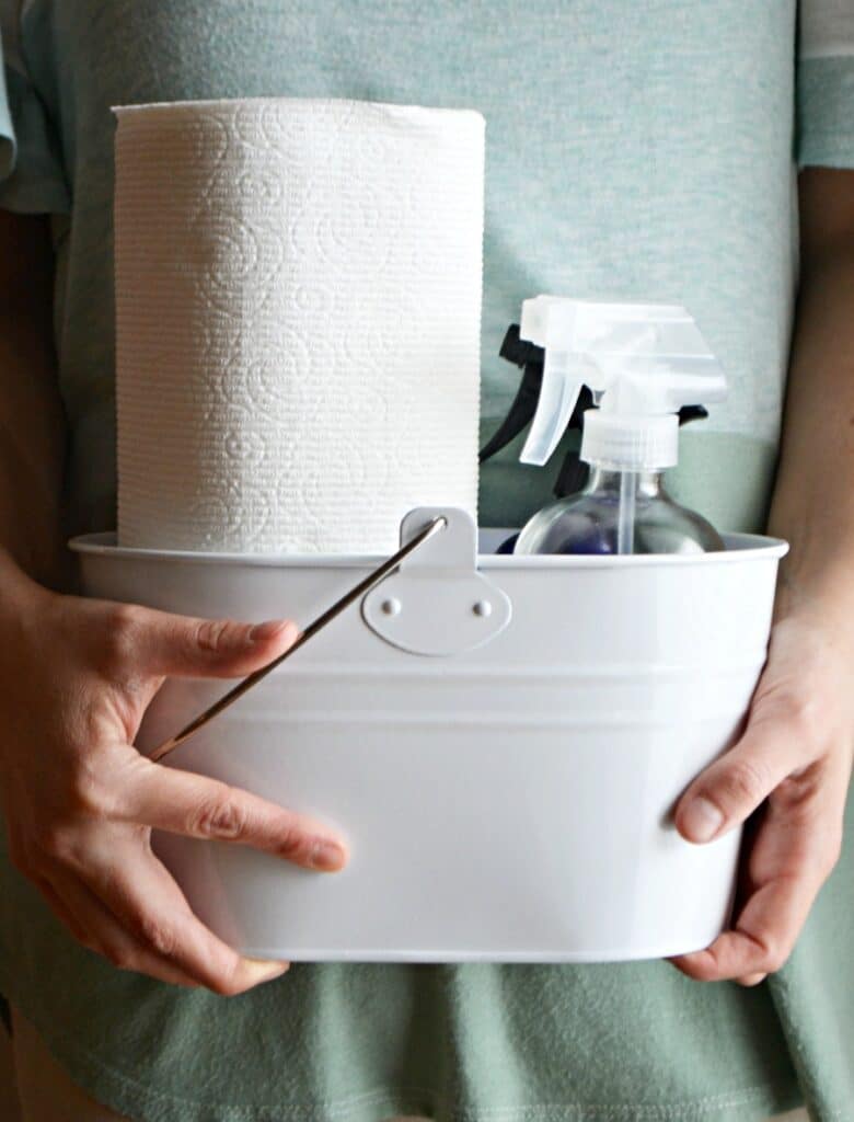container of cleaning products to help moms be productive