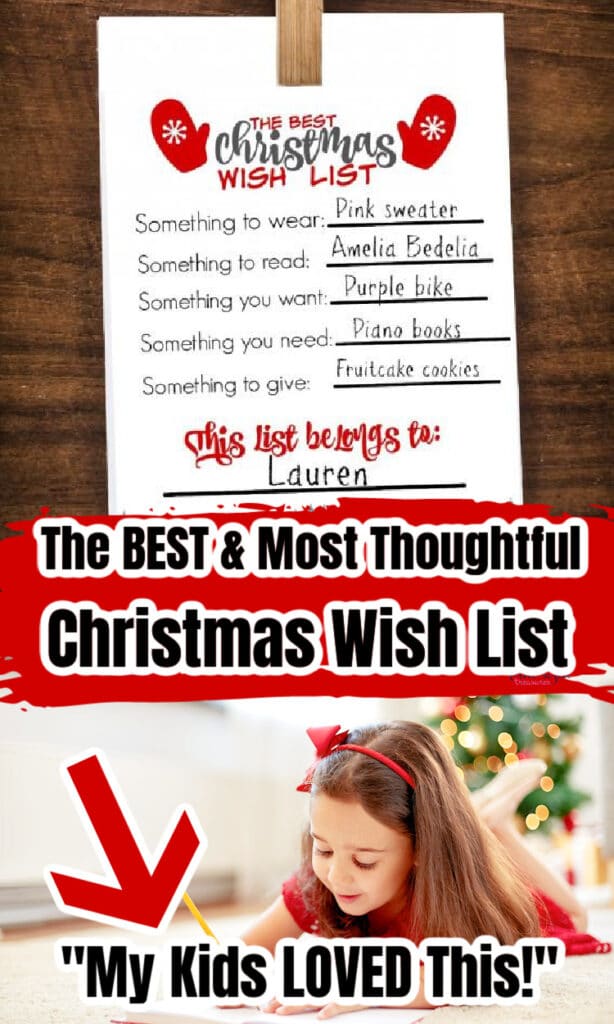 young girl writing out her Christmas wish list that was printed out