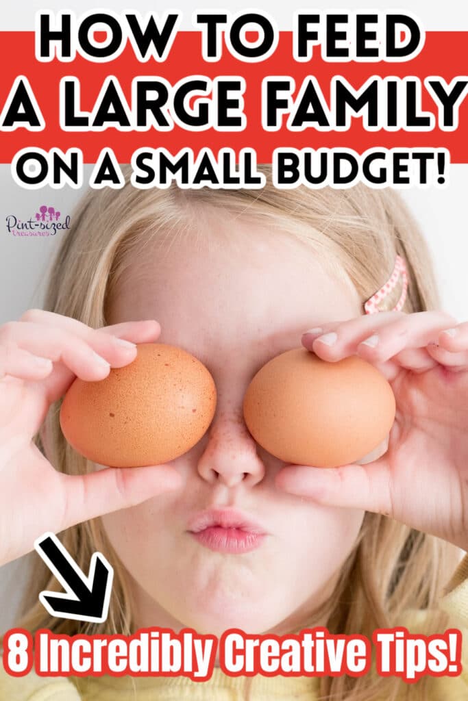 girl holding up eggs as family talks about how to feed a family on a budget
