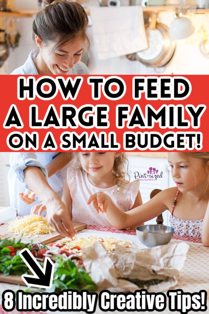 mom and kids cooking together so they can feed a large family on a skinny budget