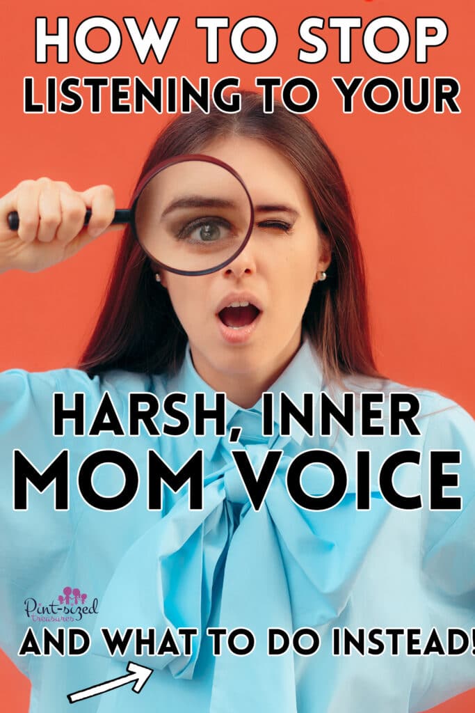 a woman looking through a magnifying glass thinking about the harsh mom voice