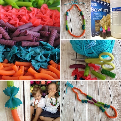 making pasta necklaces for a kids activity