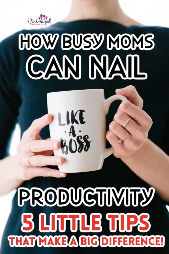 a mom holding a mug thinking about being productive