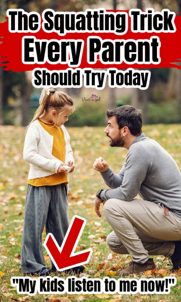 dad squatting down to talk to daughter