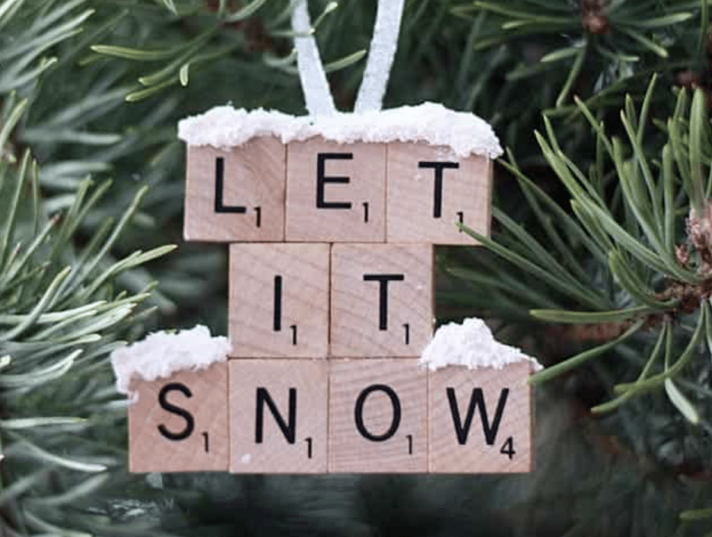 DIY Christmas ornament made from scrabble tiles