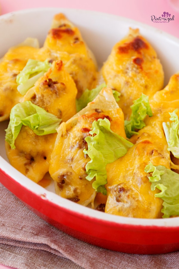 cheeseburger shells in red bowl