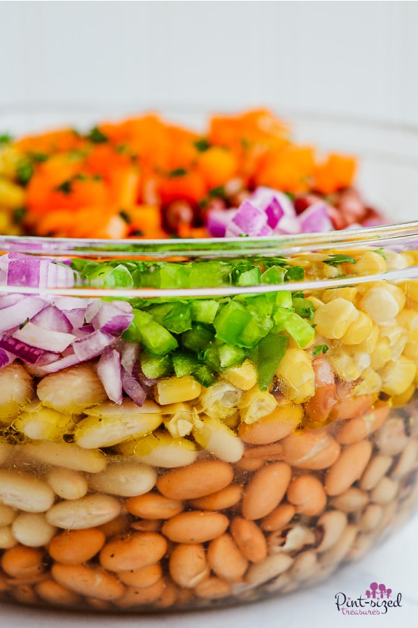 dressing mixed with veggies for cowboy caviar