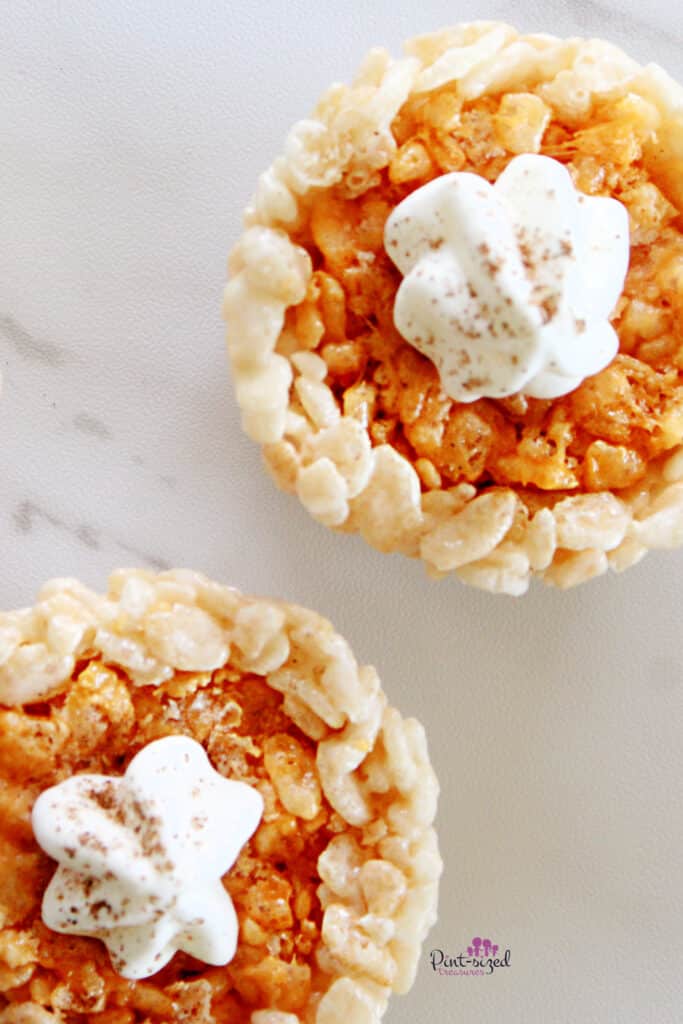 two Rice Krispie pumpkin pie treats