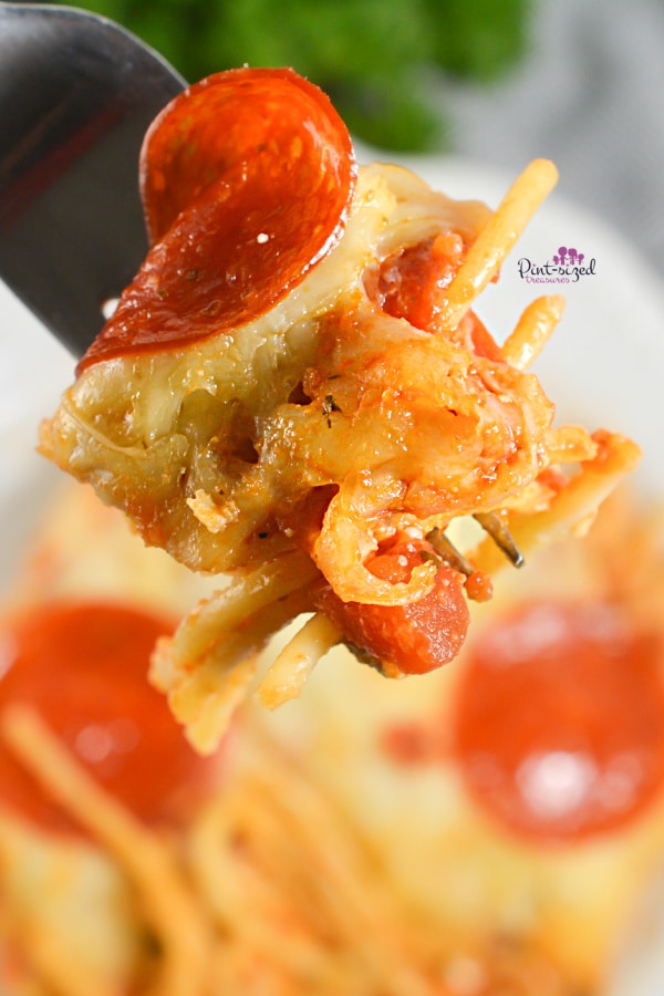 a bite of Pizza casserole on a fork