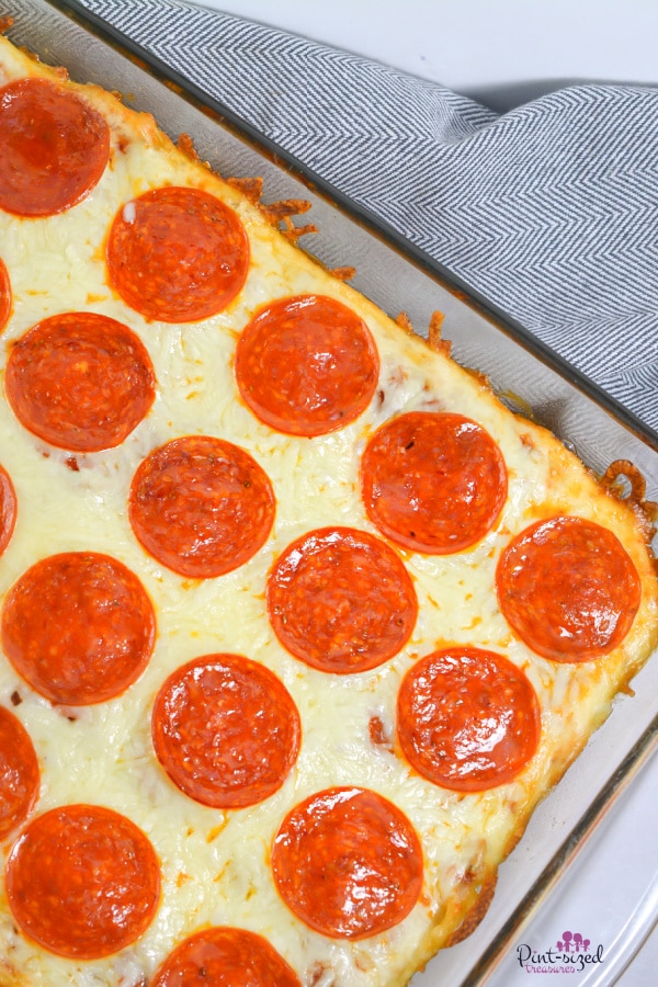 pizza spaghetti bake in glass baking dish